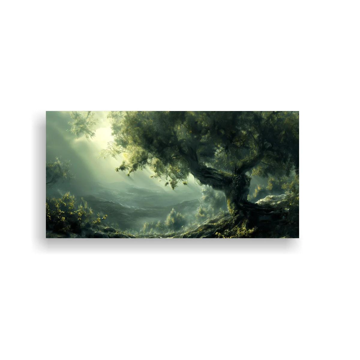 Cuadro árbol retorcido con bruma y tronco curvado