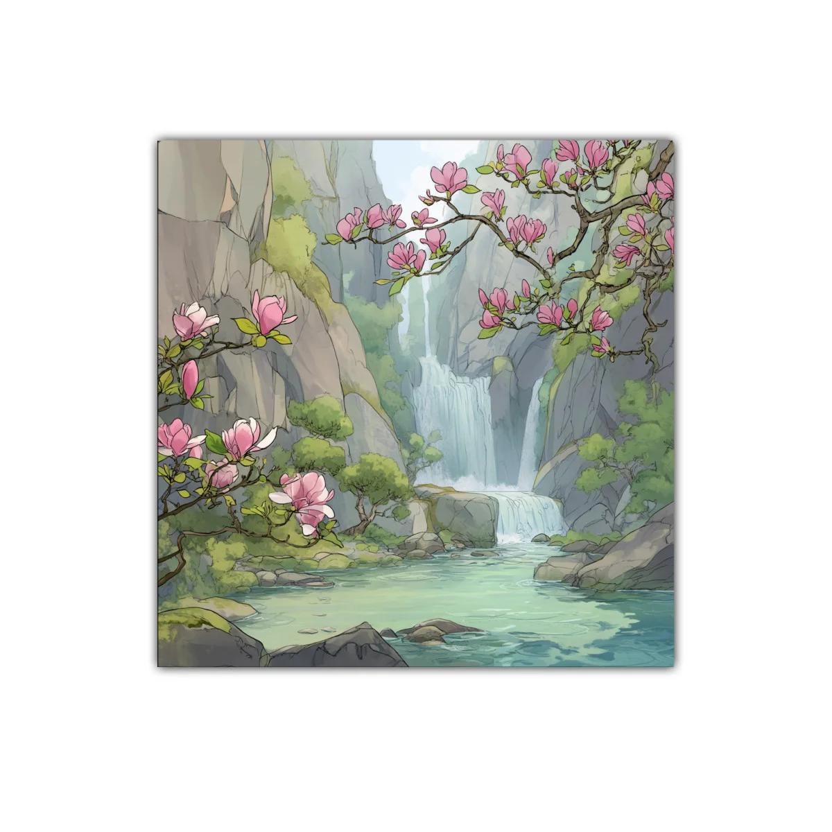 Paisaje sereno con cascada y flores rosadas en ribera — imagen principal