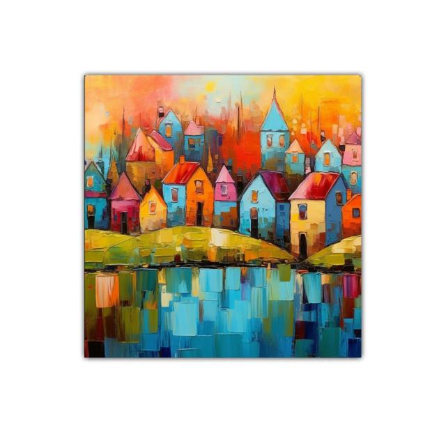 Pueblo colorido junto al lago con reflejos vibrantes