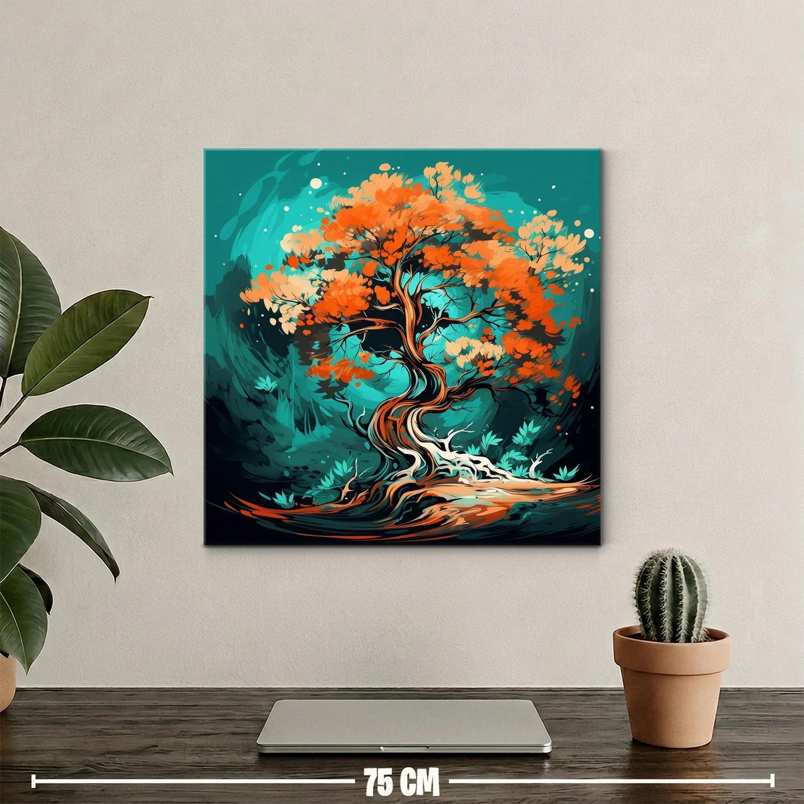 Árbol Abstracto con Hojas en Tonos Cálidos y Fondo Turquesa — miniatura 2