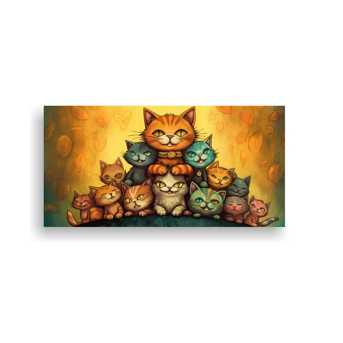 Cuadro grupo de gatos en pirámide con gato naranja