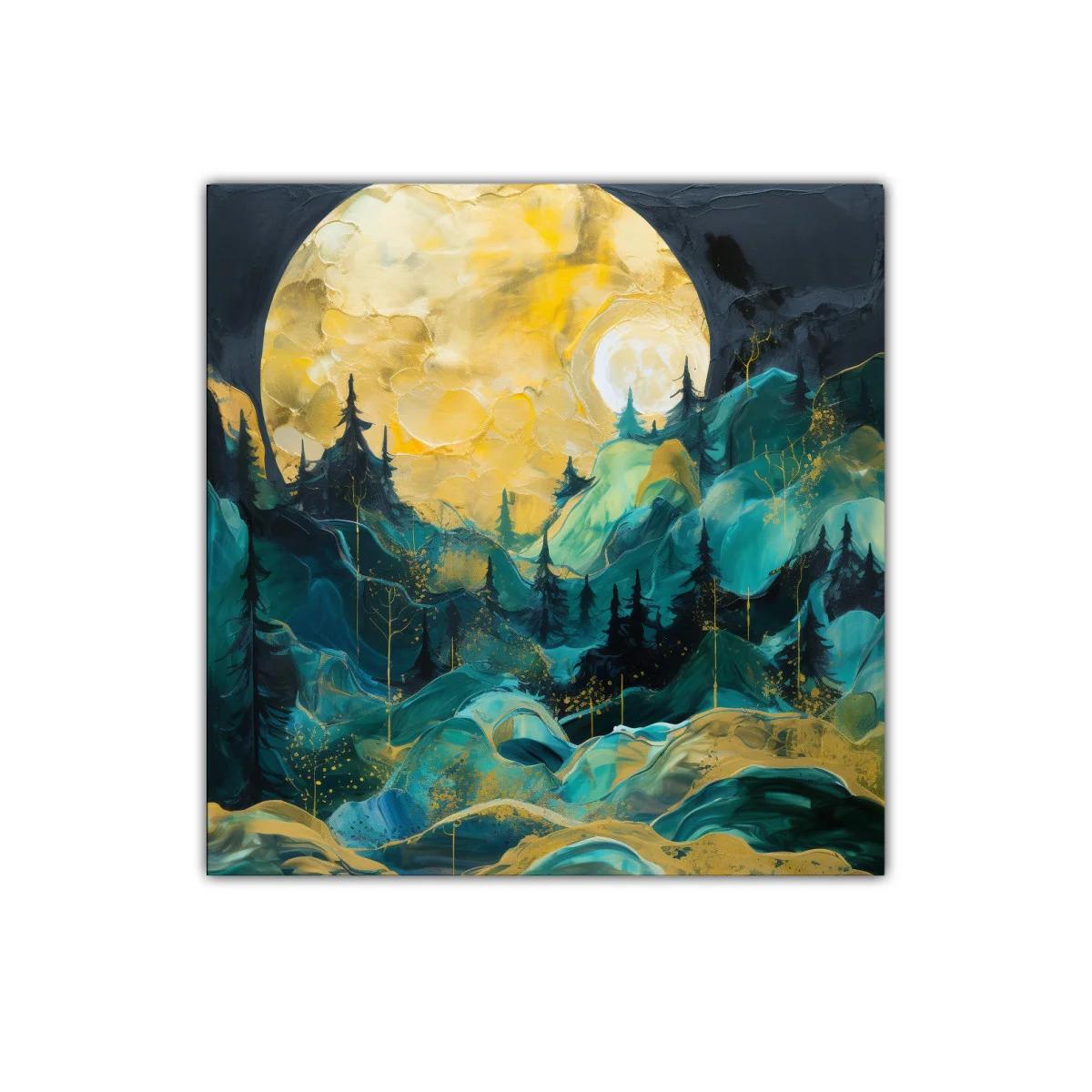 Paisaje Nocturno con Luna y Bosque en Tonos Dorados y Verdes — imagen principal