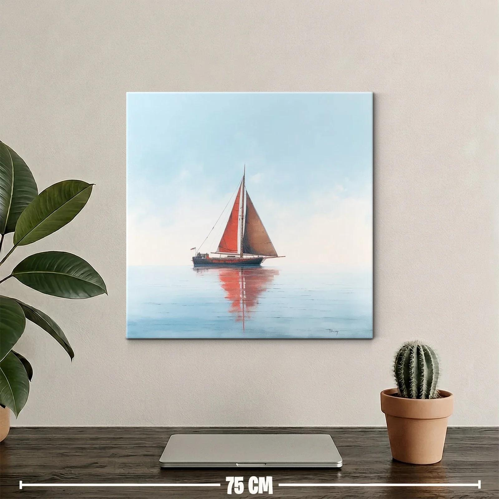 Velero con vela roja en mar tranquilo y cielo claro — miniatura 2