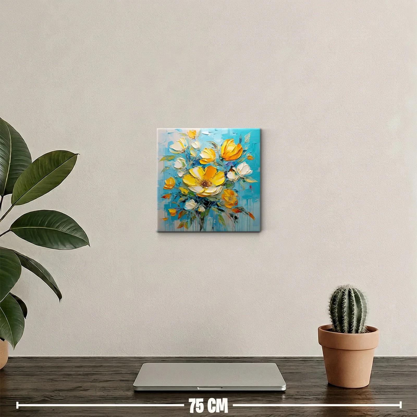 Cuadro decorativo con flores amarillas sobre fondo azul vibrante — miniatura 2