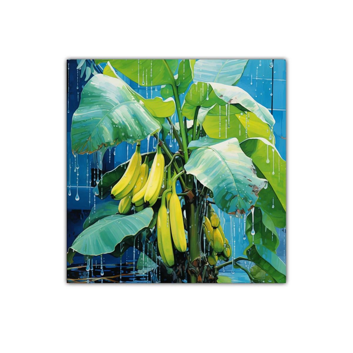 Cuadro decorativo con racimos de plátanos y hojas verdes