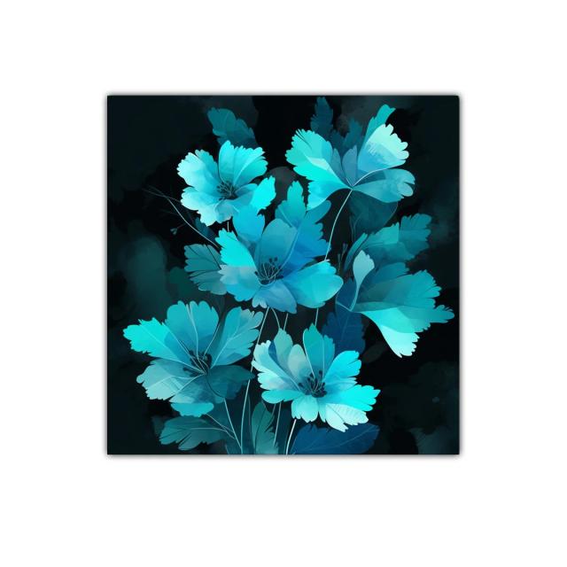 Flores en tonos azules vibrantes con fondo oscuro