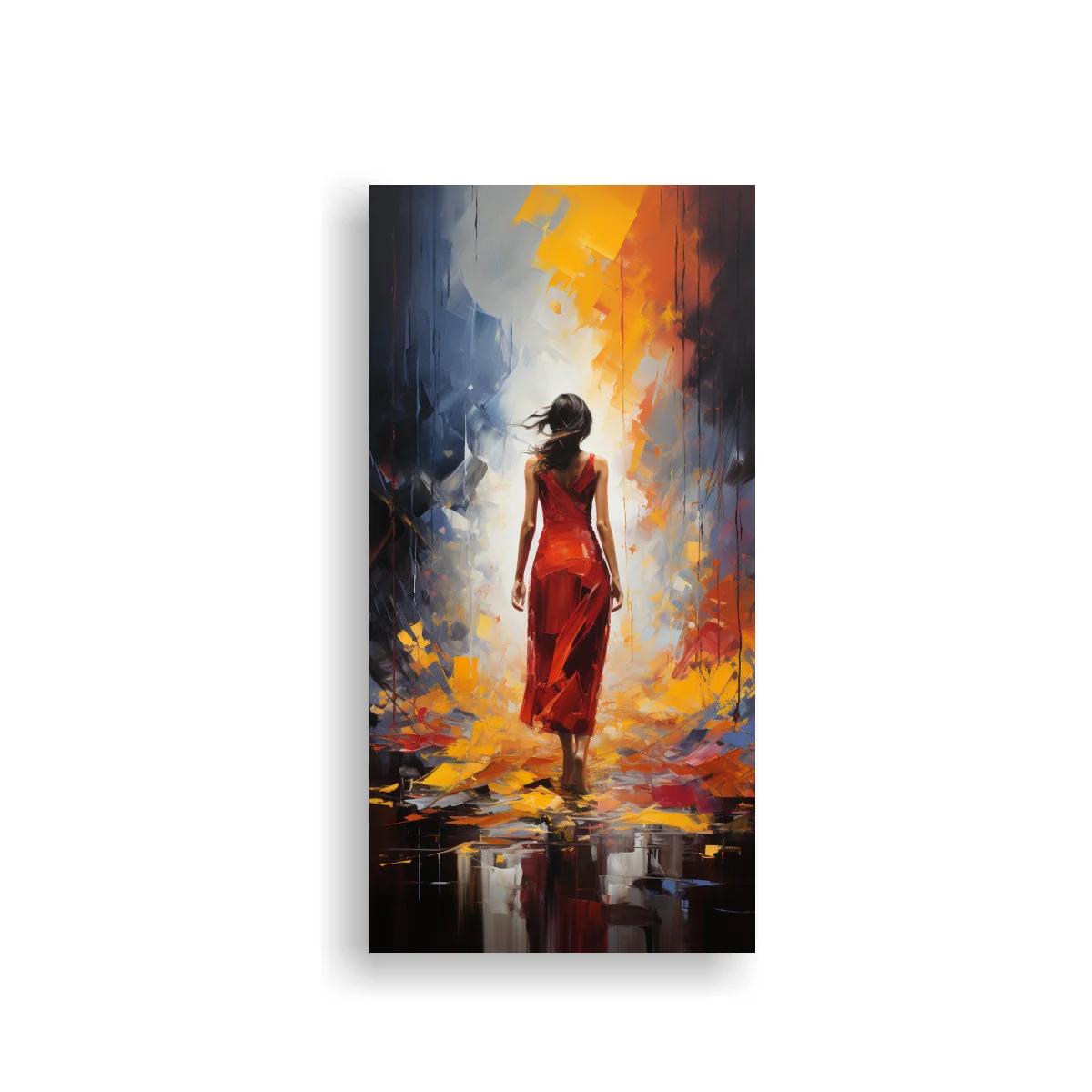 Cuadro mujer con vestido rojo hacia la luz