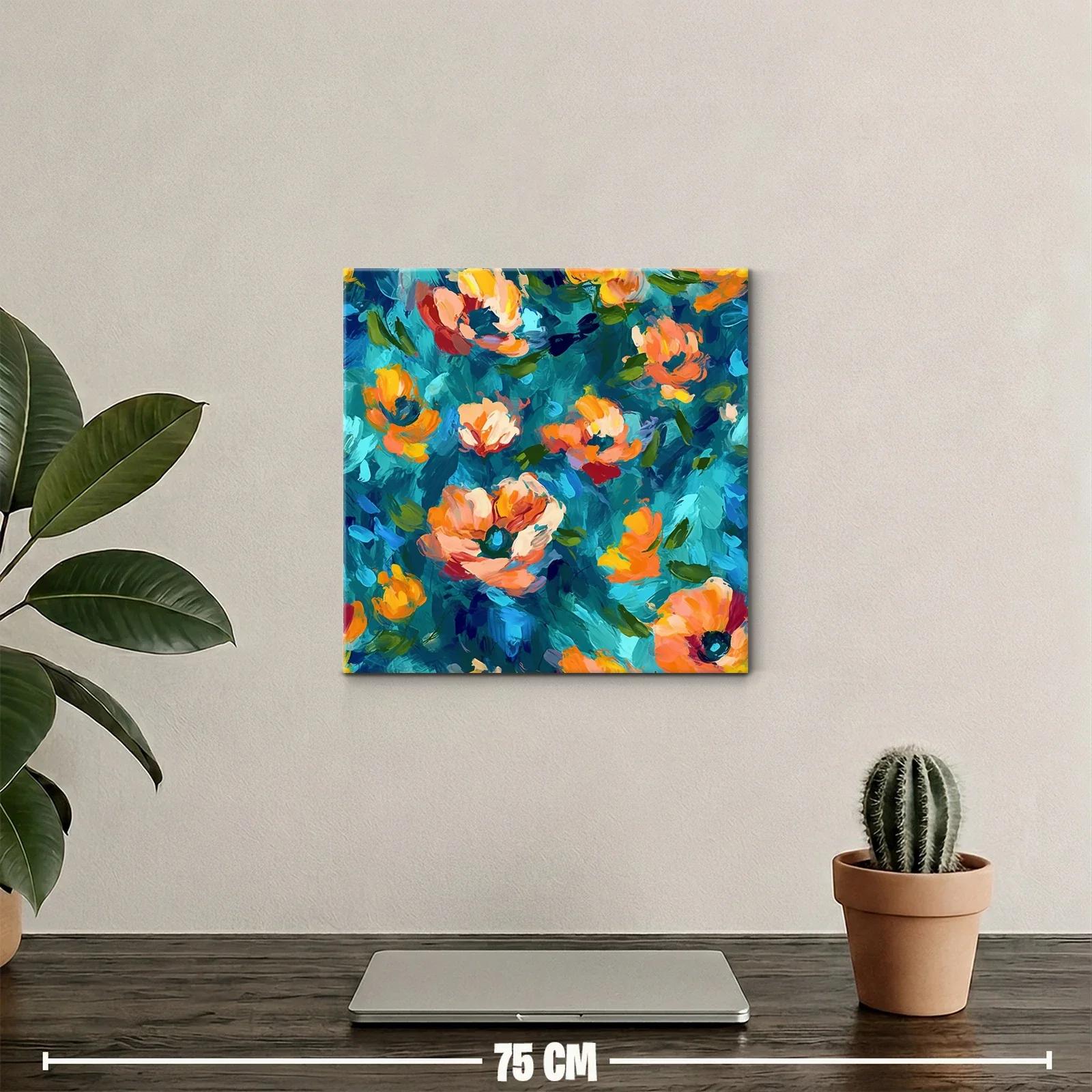Cuadro con flores vibrantes en tonos azules y naranjas — miniatura 2