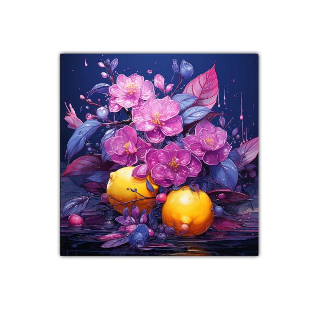 Composición vibrante con flores moradas y frutas amarillas