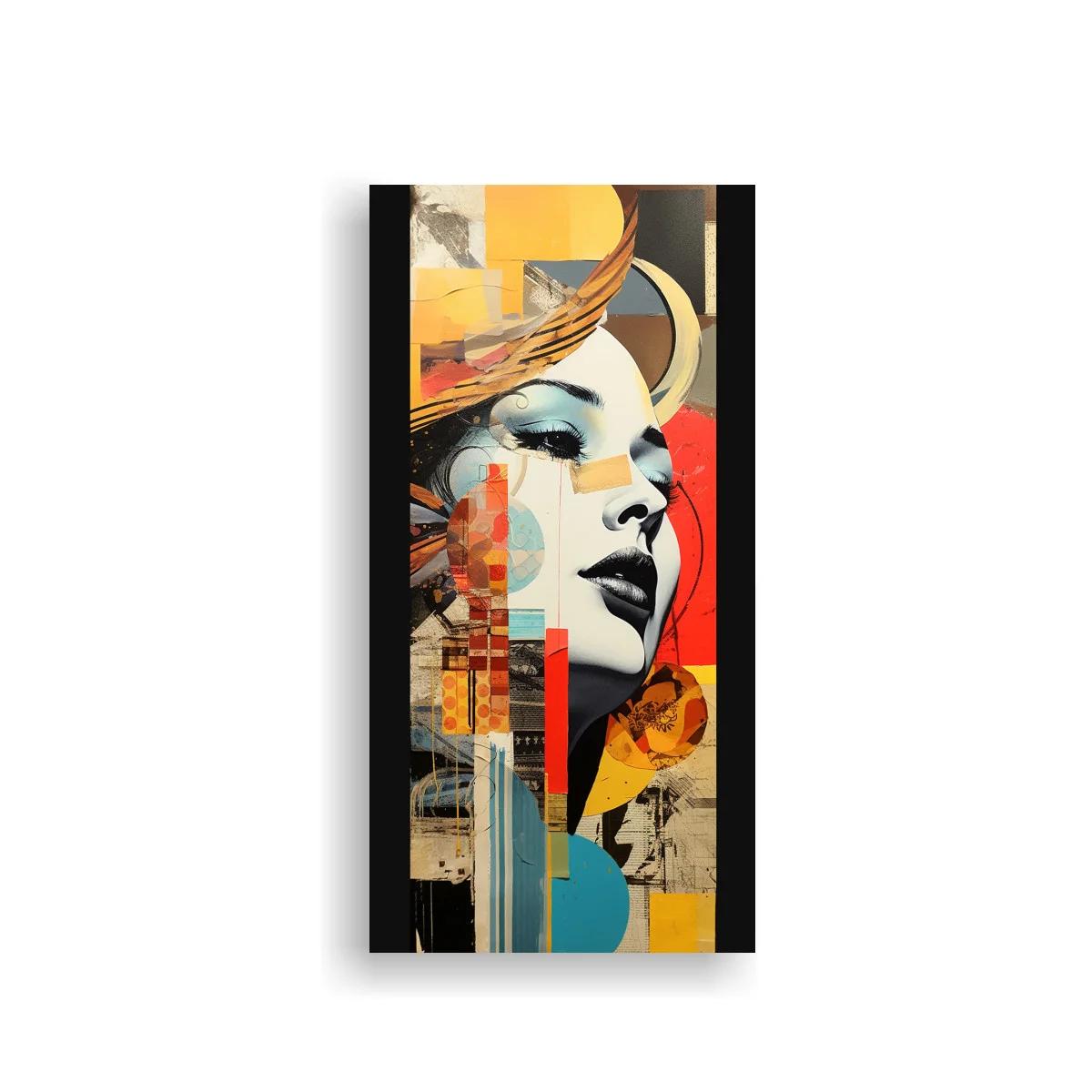 Cuadro rostro de mujer con collage geométrico y trazos fluidos
