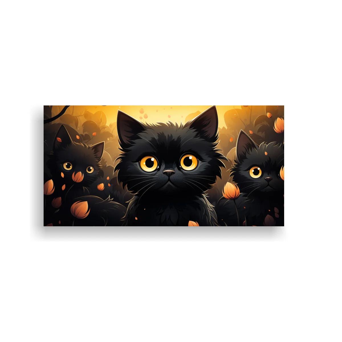 Cuadro gato negro de ojos grandes con calabazas