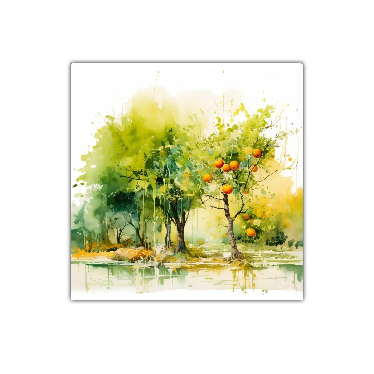 Paisaje natural con árboles frutales y reflejos acuáticos — imagen principal