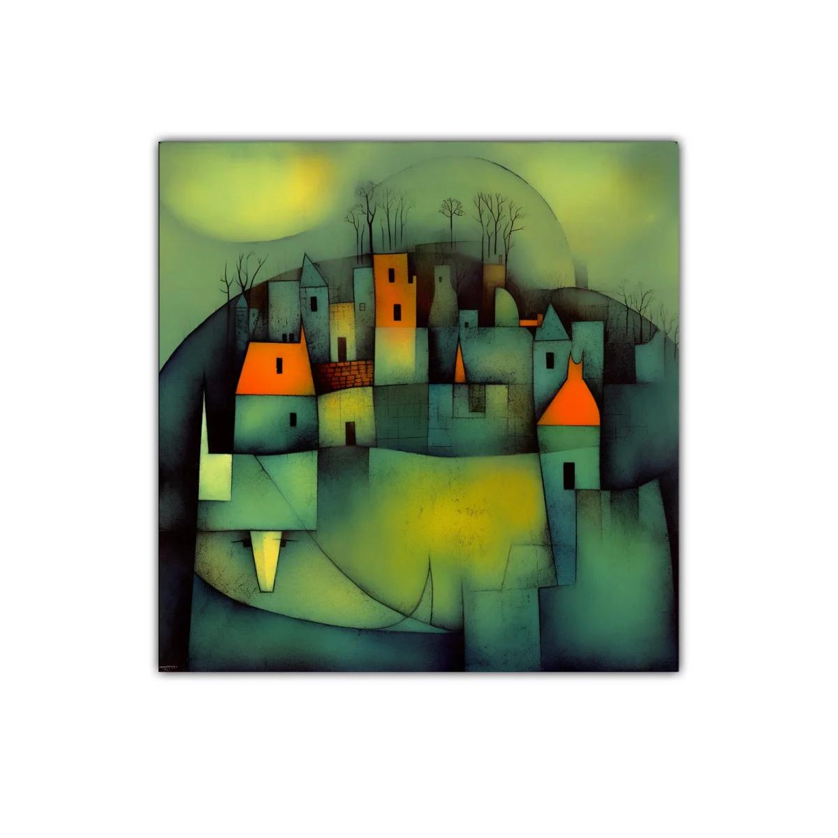Pueblo abstracto con luces cálidas y ambiente misterioso — imagen principal