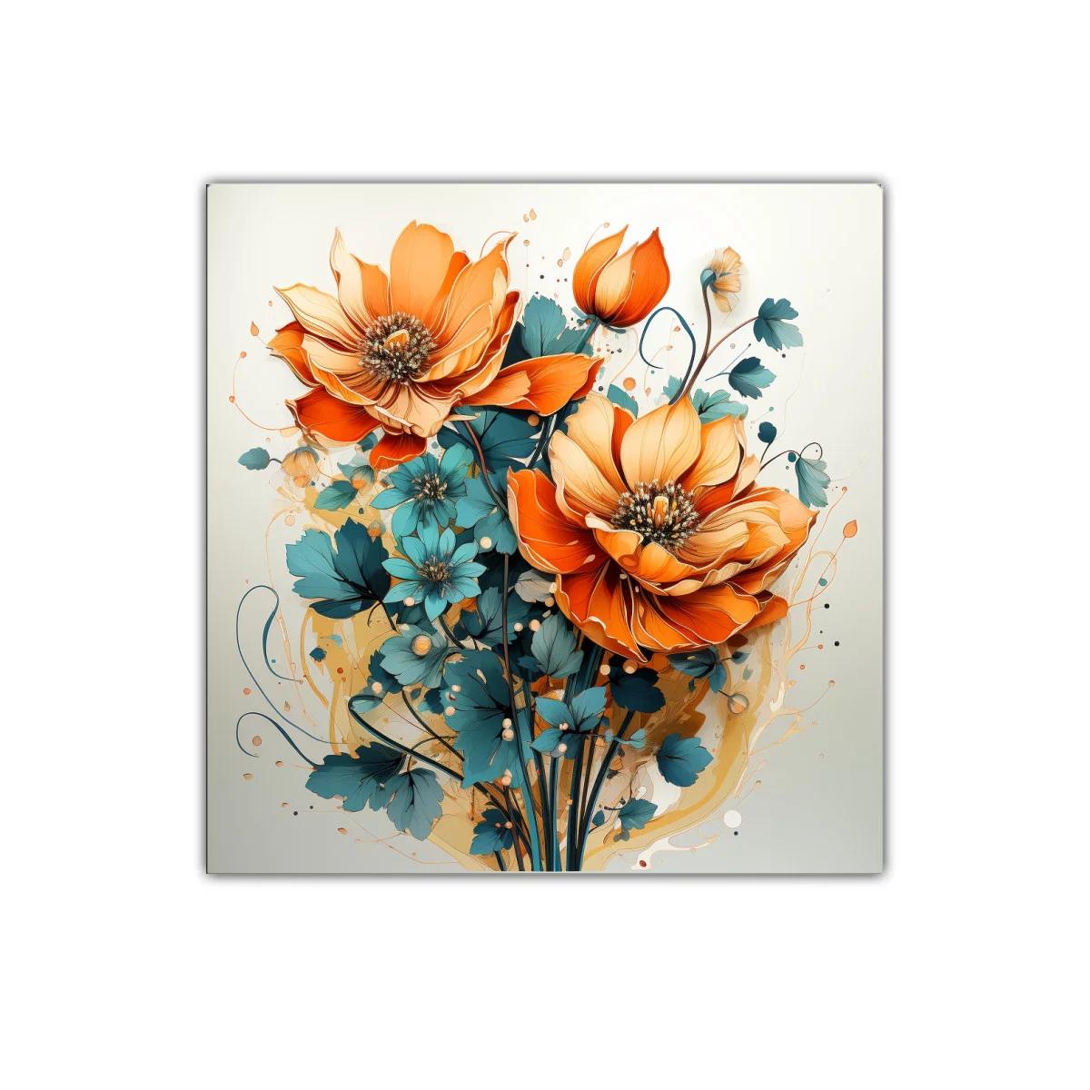 Exuberante ramo floral con vibrantes tonos naranja y azul