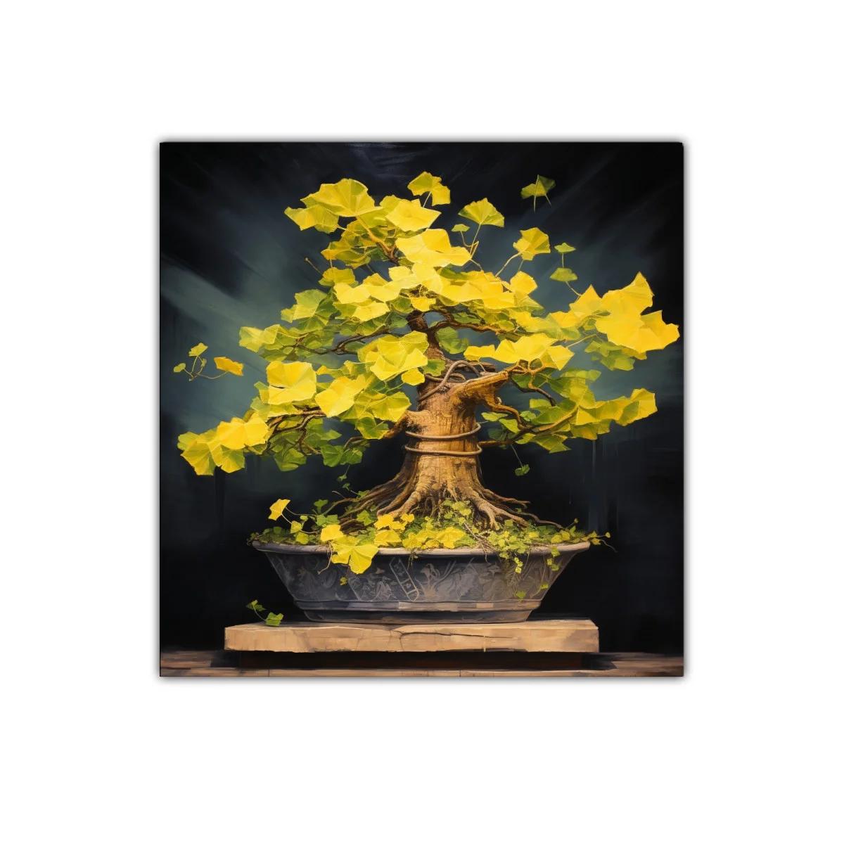 Bonsái de hojas doradas con fondo oscuro vibrante — imagen principal