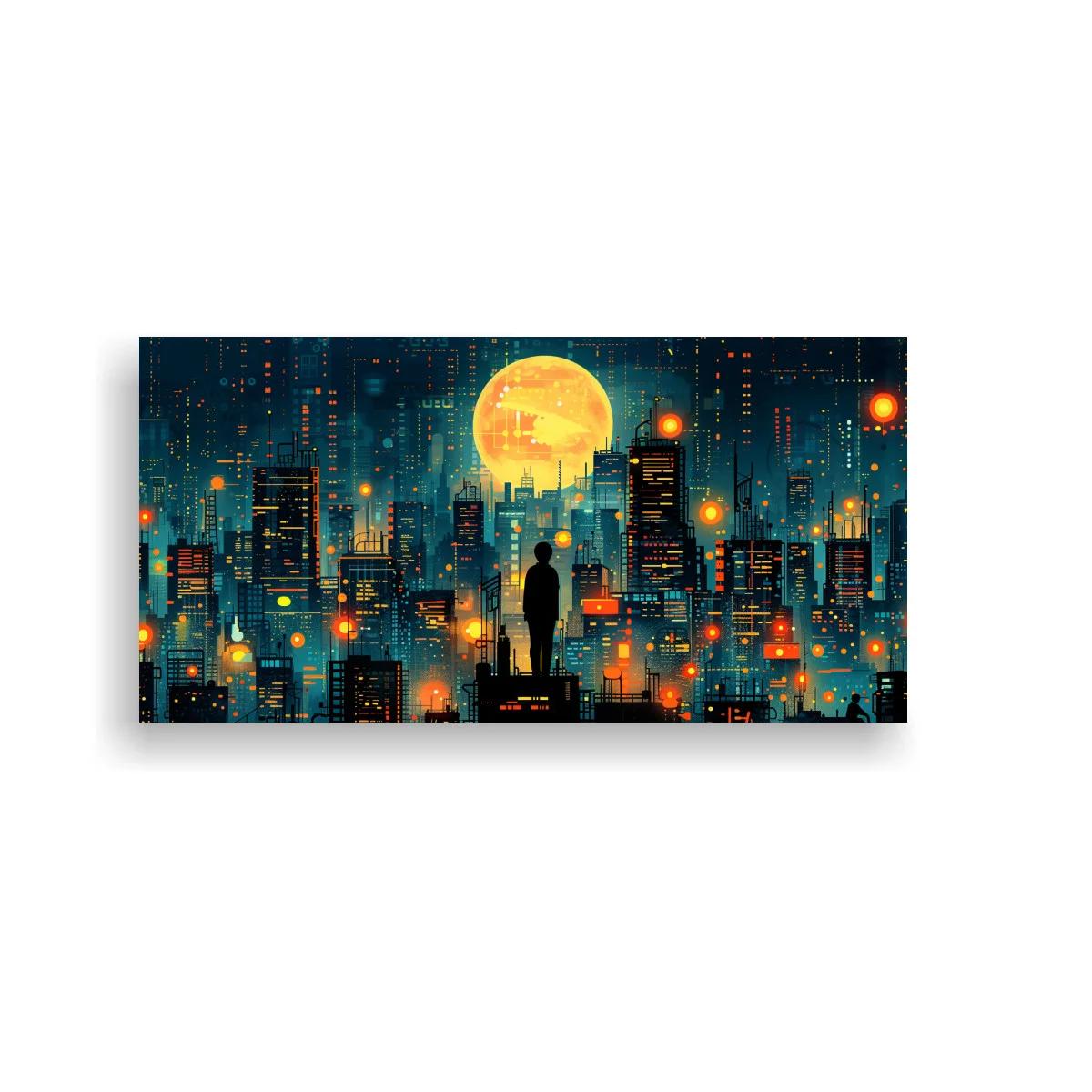 Cuadro pareja contemplando una ciudad nocturna con luna grande — imagen principal