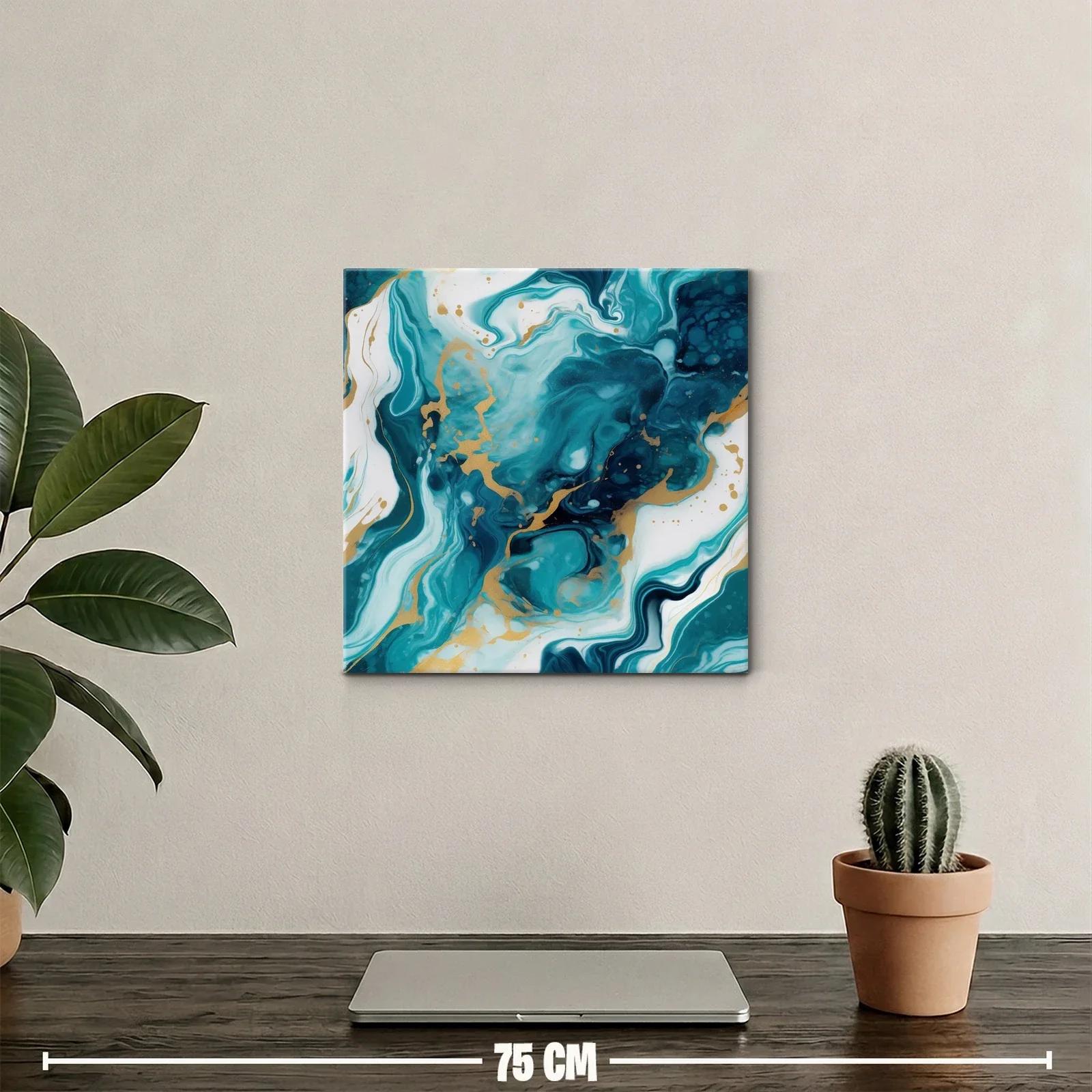 Cuadro abstracto con tonos turquesa y dorados vibrantes — miniatura 2