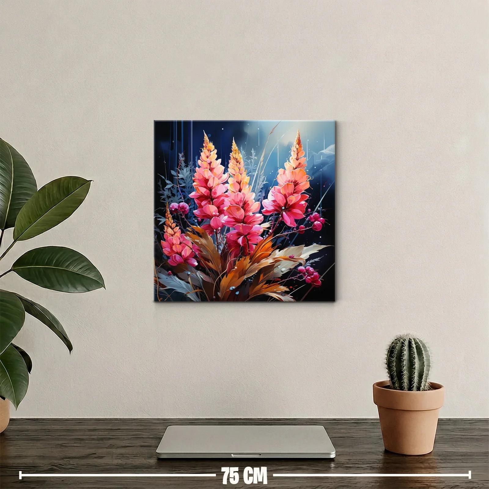 Cuadro floral vibrante con tonos cálidos y azul profundo — miniatura 2