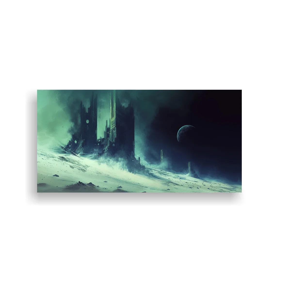 Cuadro castillo futurista oscuro sobre paisaje helado