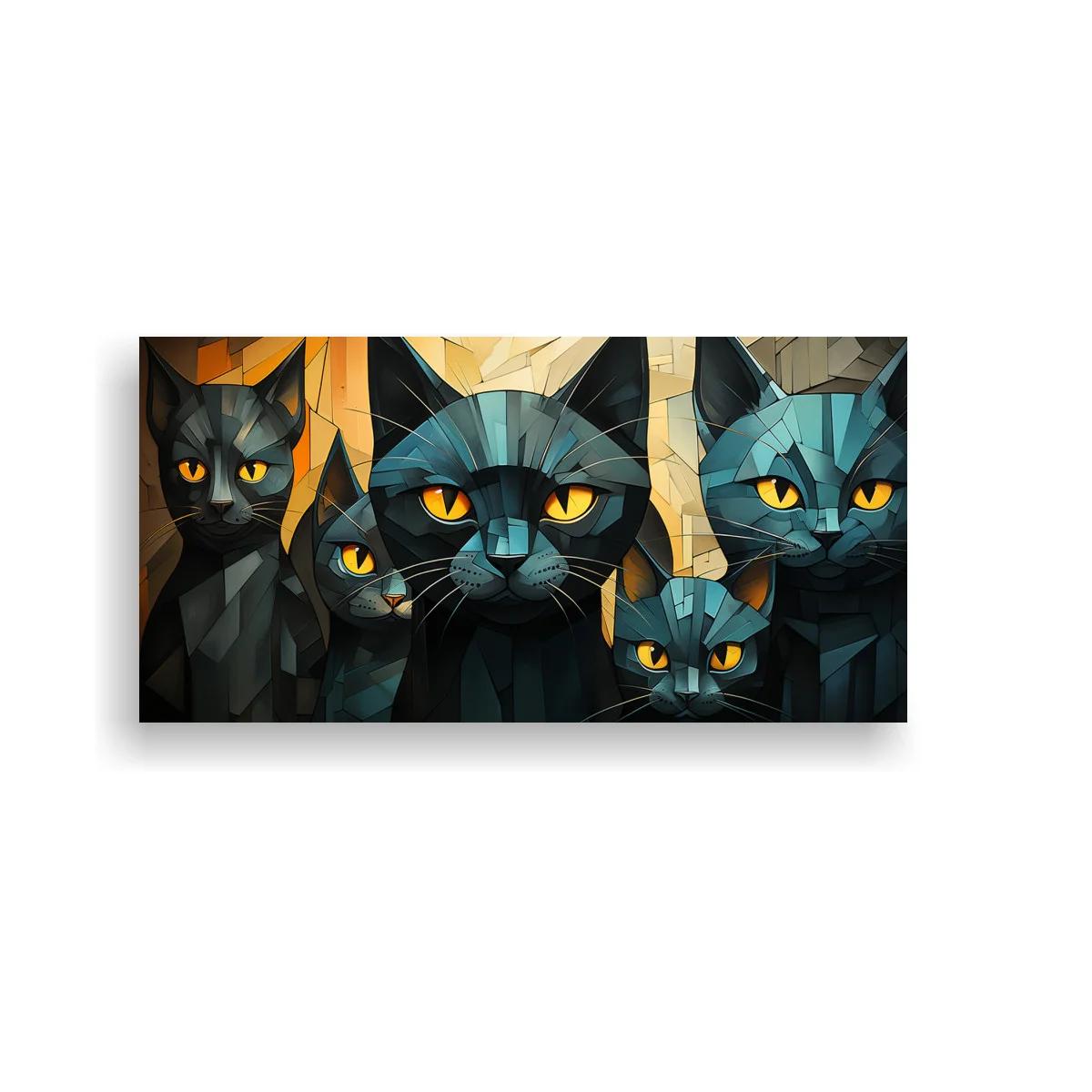 Cuadro grupo de gatos negros de ojos amarillos en estilo facetado — imagen principal
