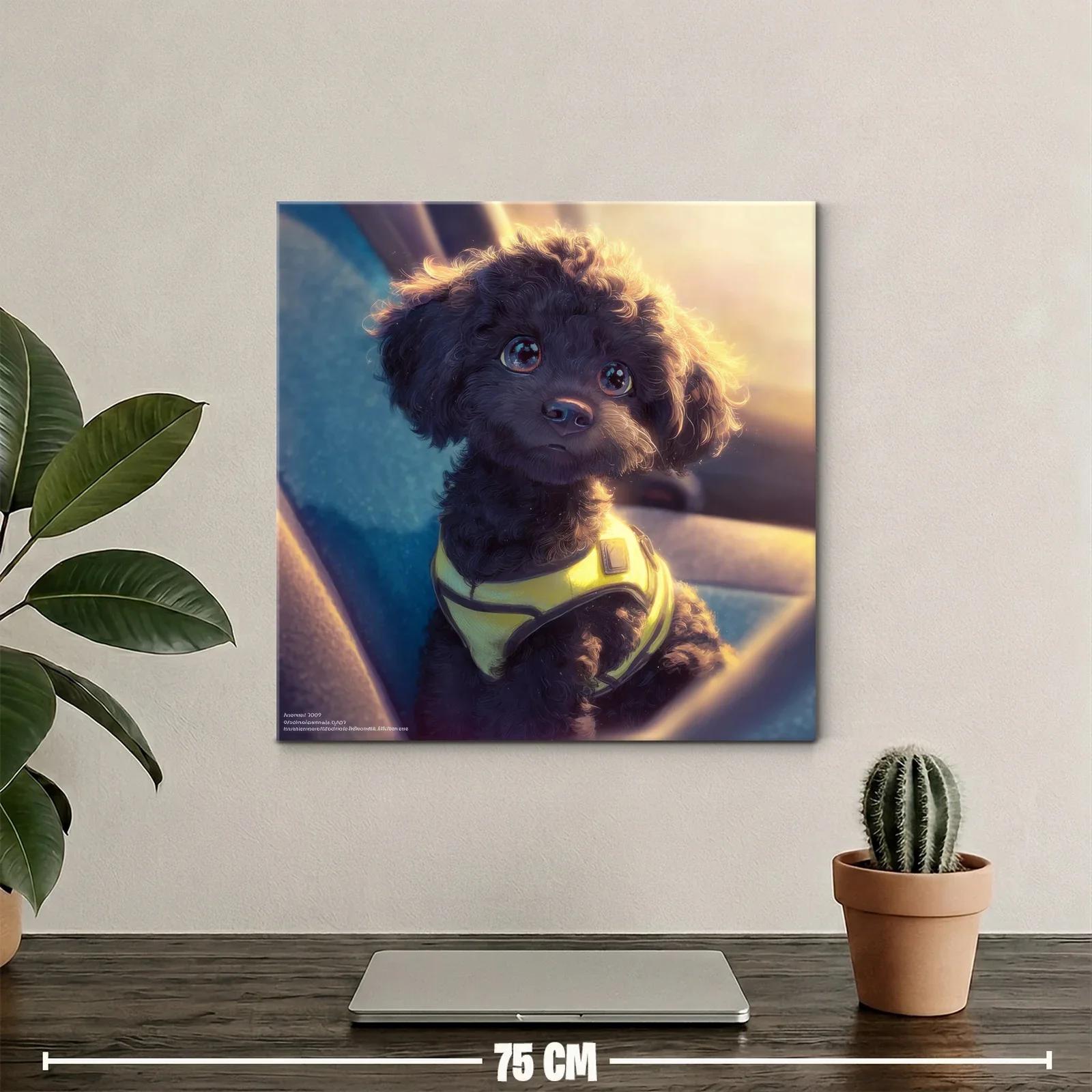 Tierno perro negro con arnés amarillo al atardecer — miniatura 2