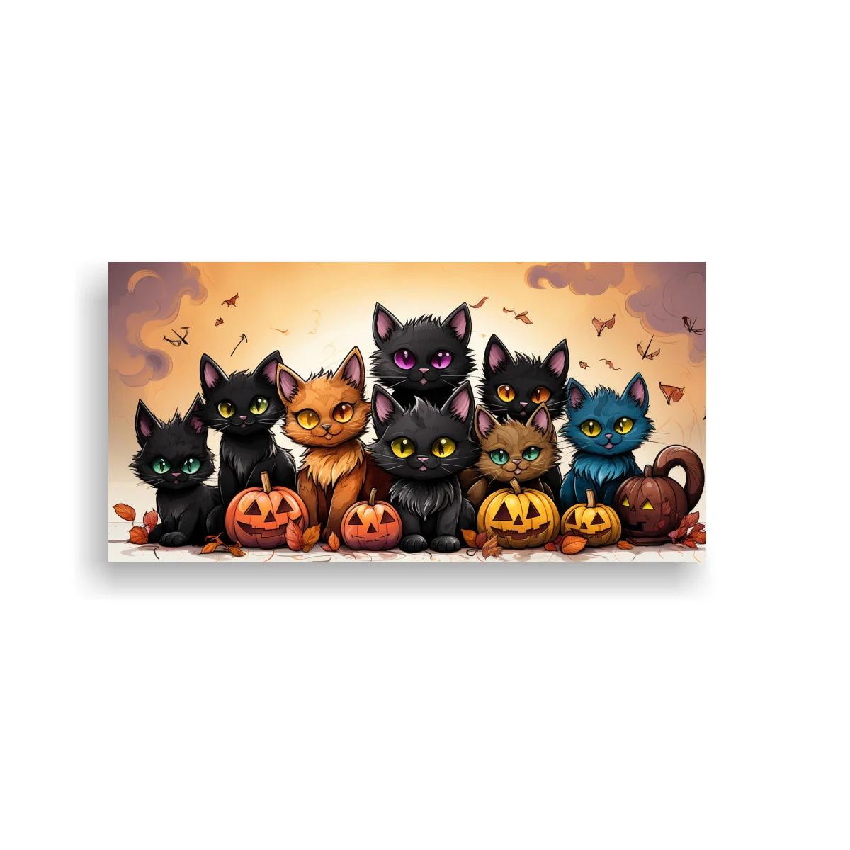Cuadro gatos alineados con calabazas y murciélagos