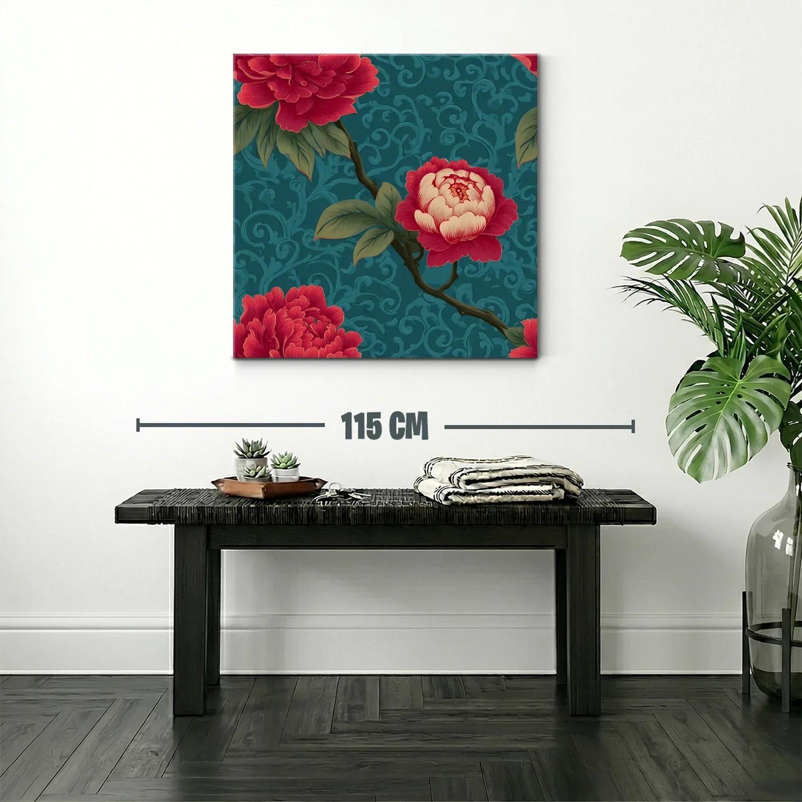 Cuadro floral con rosas rojas sobre fondo azul texturizado — miniatura 2