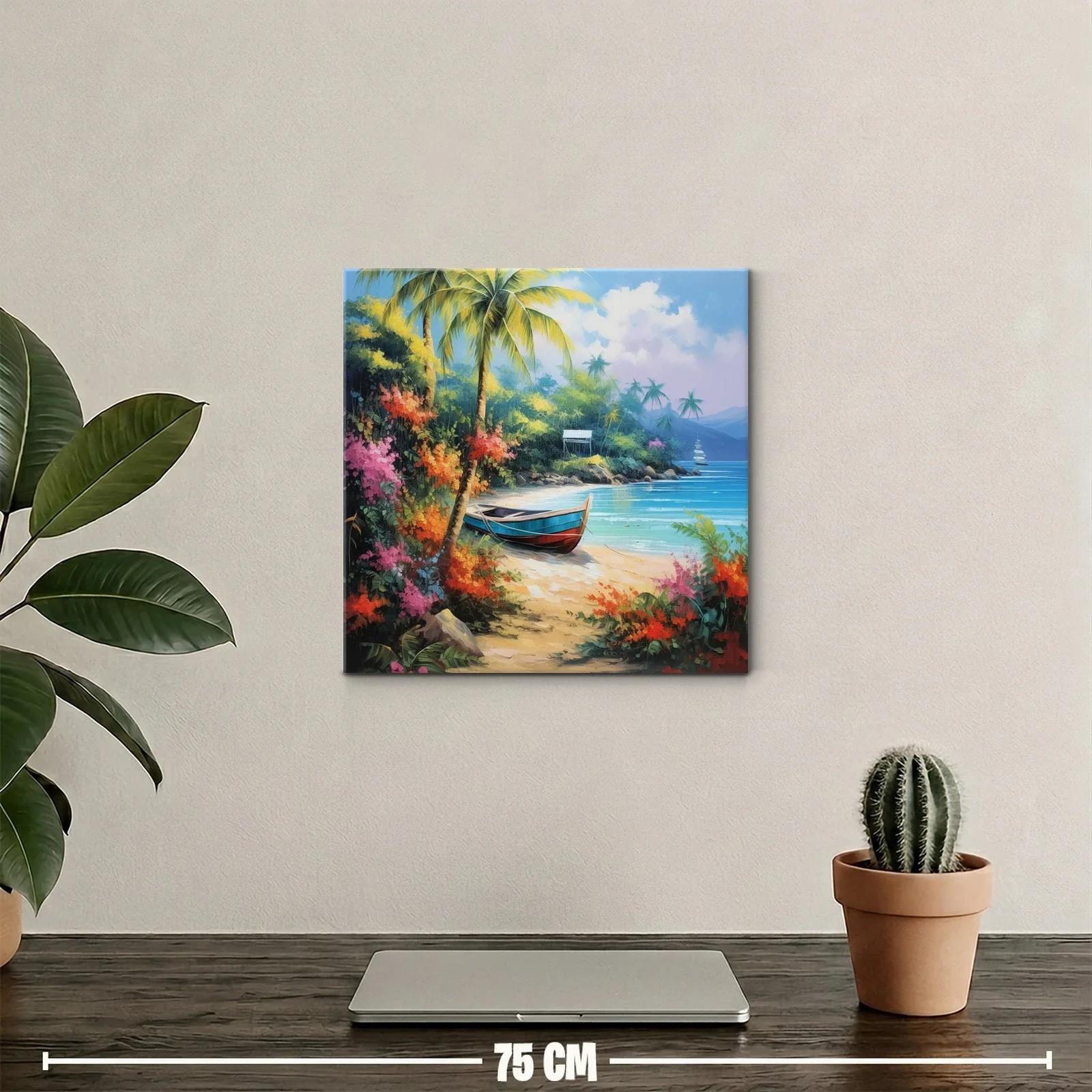 Paisaje tropical con barca en playa paradisíaca y flora vibrante — miniatura 2