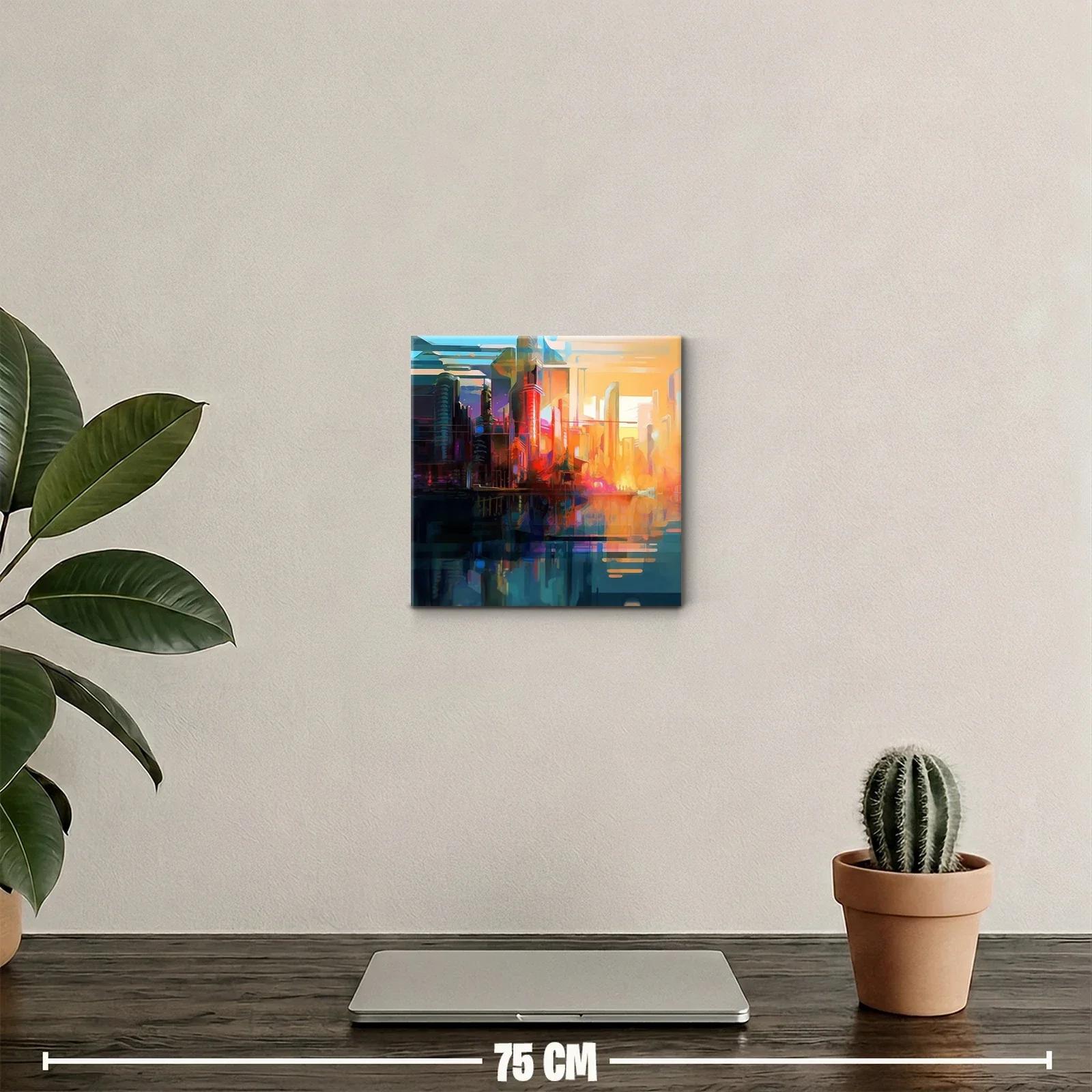 Atardecer vibrante sobre ciudad futurista y su reflejo — miniatura 2