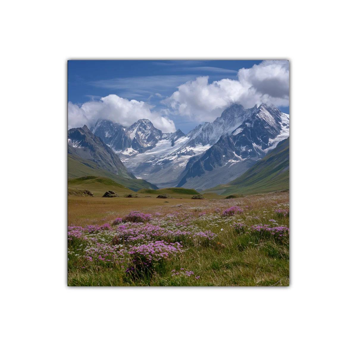 Paisaje alpino con flores silvestres y montañas nevadas — imagen principal