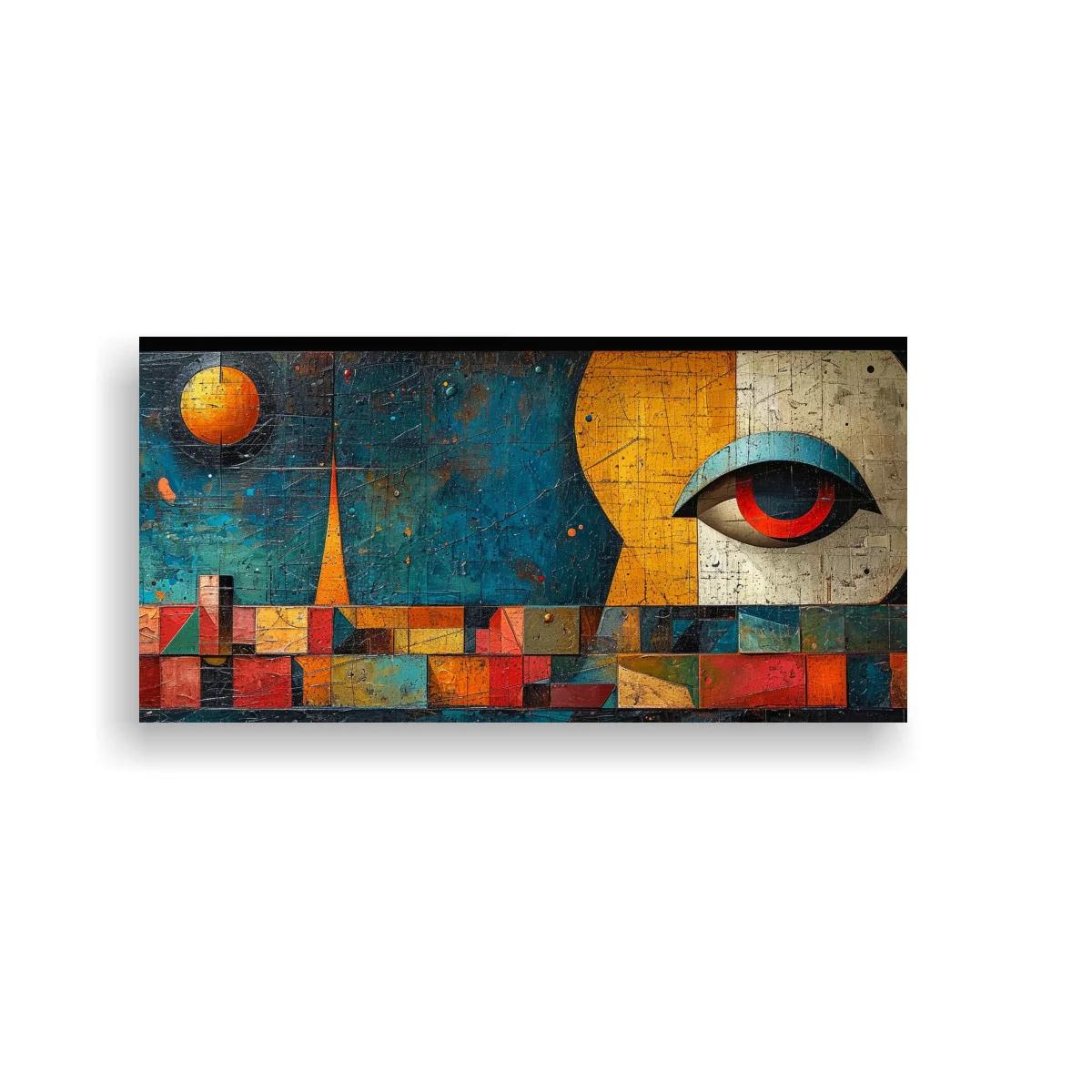 Cuadro ojo surrealista con luna naranja y torre puntiaguda