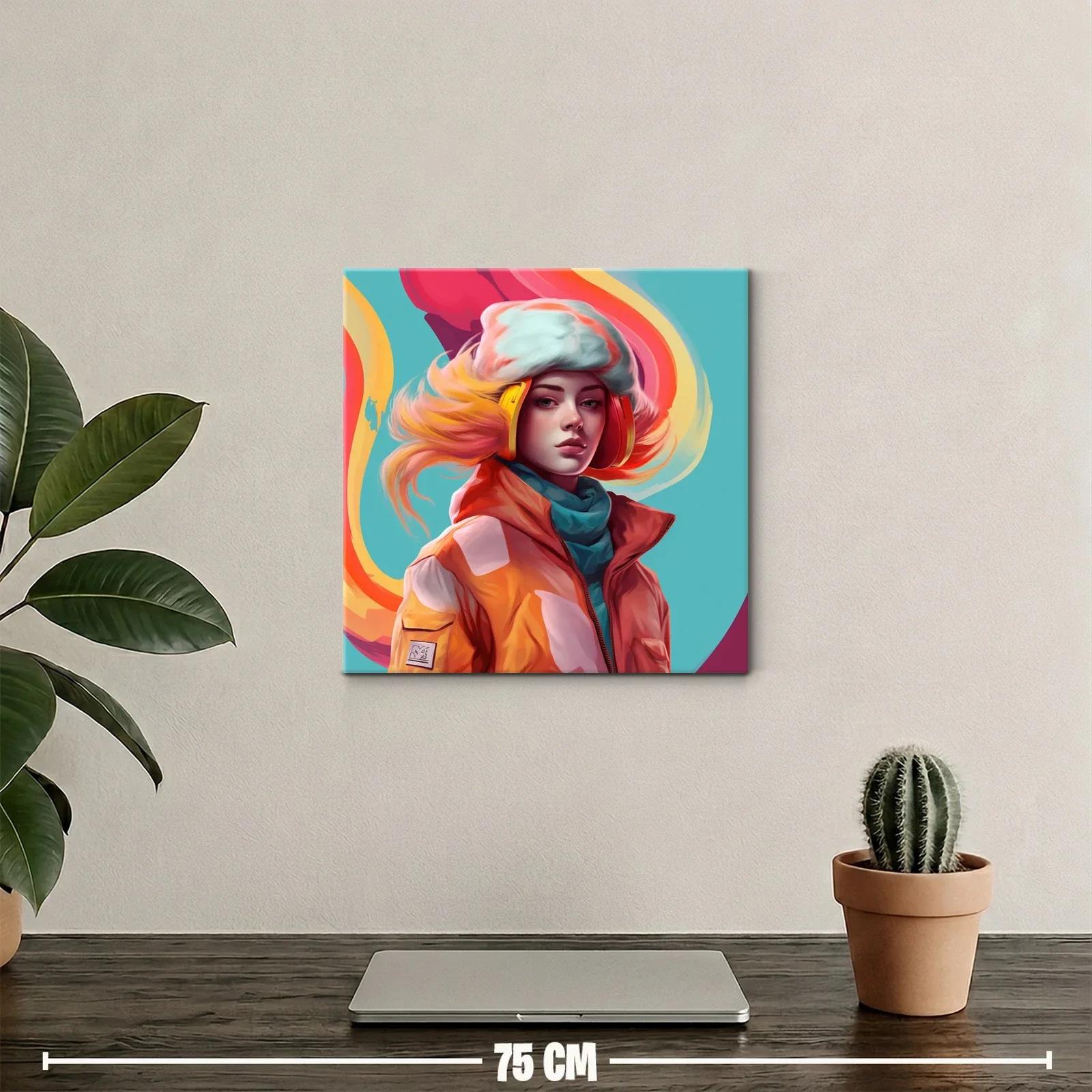 Retrato vibrante de mujer con auriculares y abrigo naranja — miniatura 2