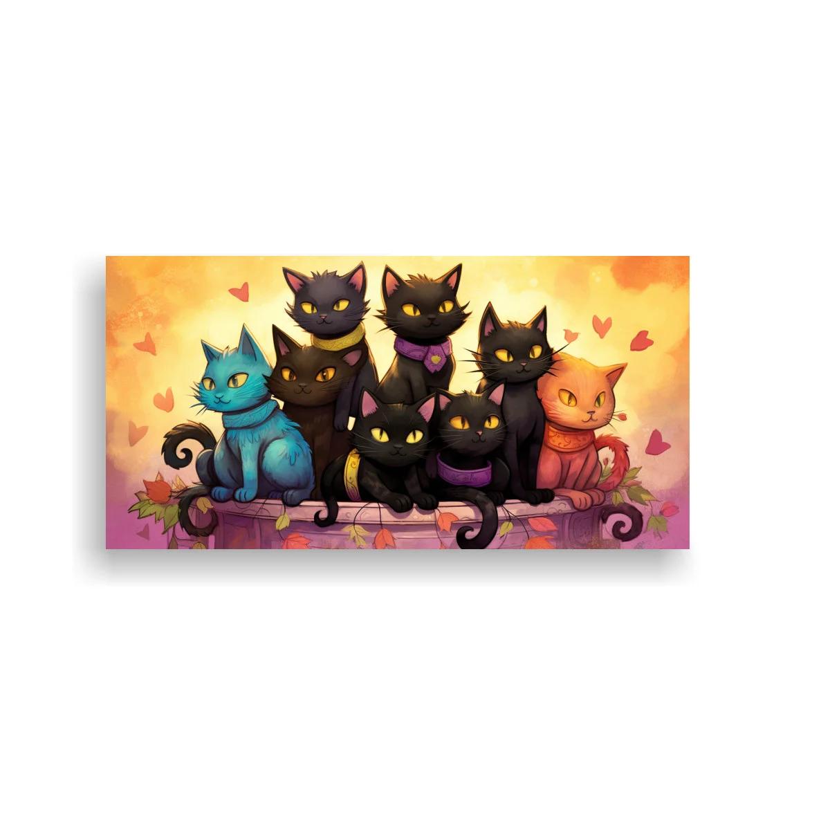 Cuadro grupo de gatos con lazos morados