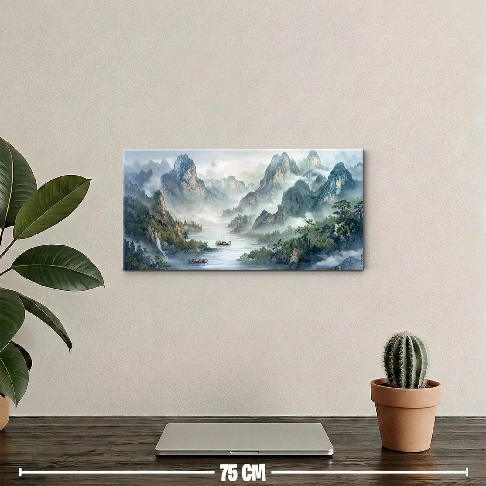 Cuadro paisaje de montañas con lago y niebla — miniatura 2