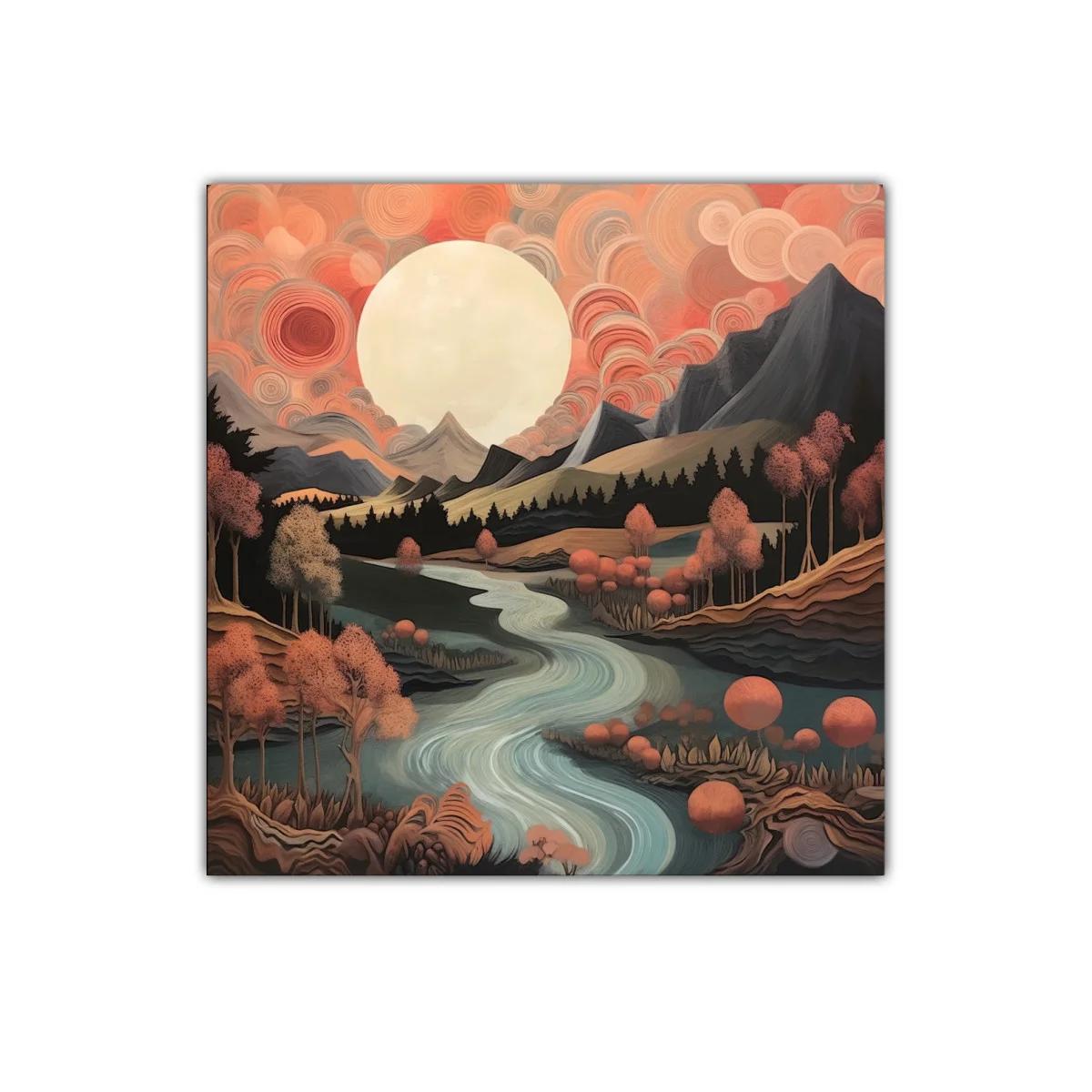 Paisaje surrealista con río y cielo en tonos cálidos