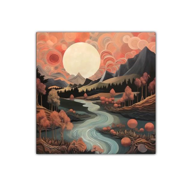 Paisaje surrealista con río y cielo en tonos cálidos