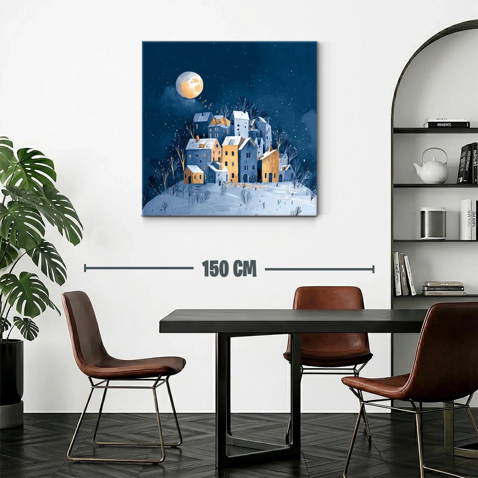 Paisaje nocturno con casas iluminadas y luna llena — miniatura 2