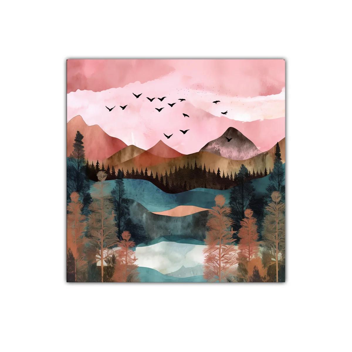 Paisaje de montaña con vuelo de aves y tonos cálidos — imagen principal