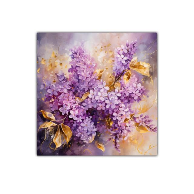 Ramo de flores lilas con detalles dorados y fondo luminoso