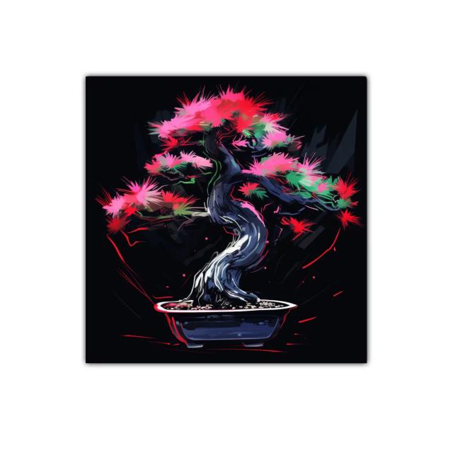 Árbol bonsái con flores vibrantes en fondo oscuro
