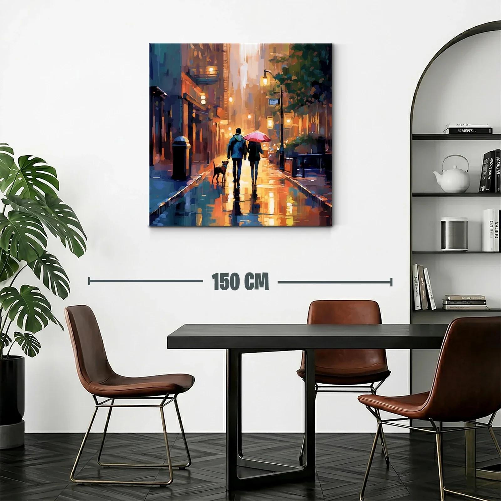 Paseo urbano al atardecer con perro y paraguas rojo — miniatura 2