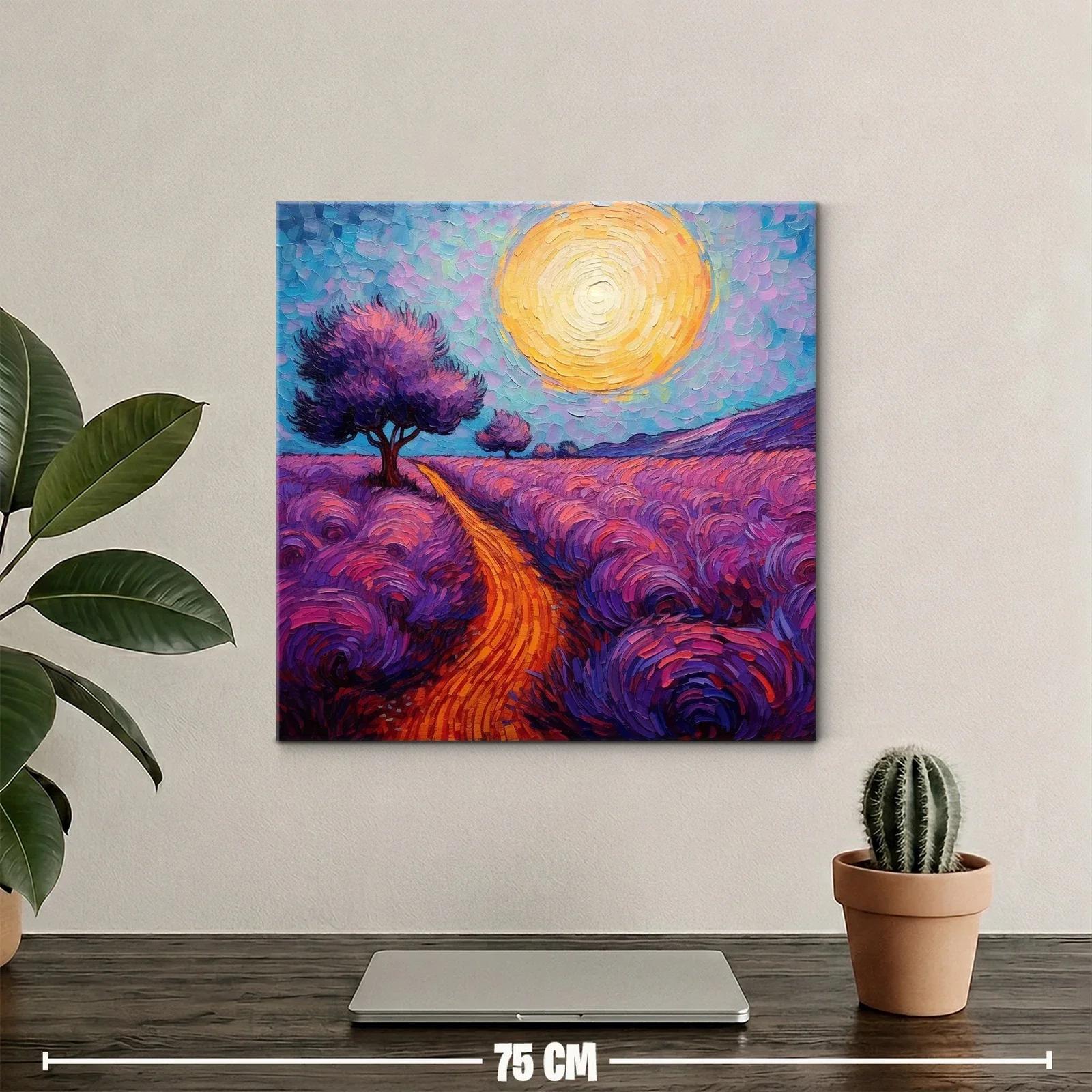 Paisaje vibrante con camino y árboles en tonos cálidos y púrpuras — miniatura 2