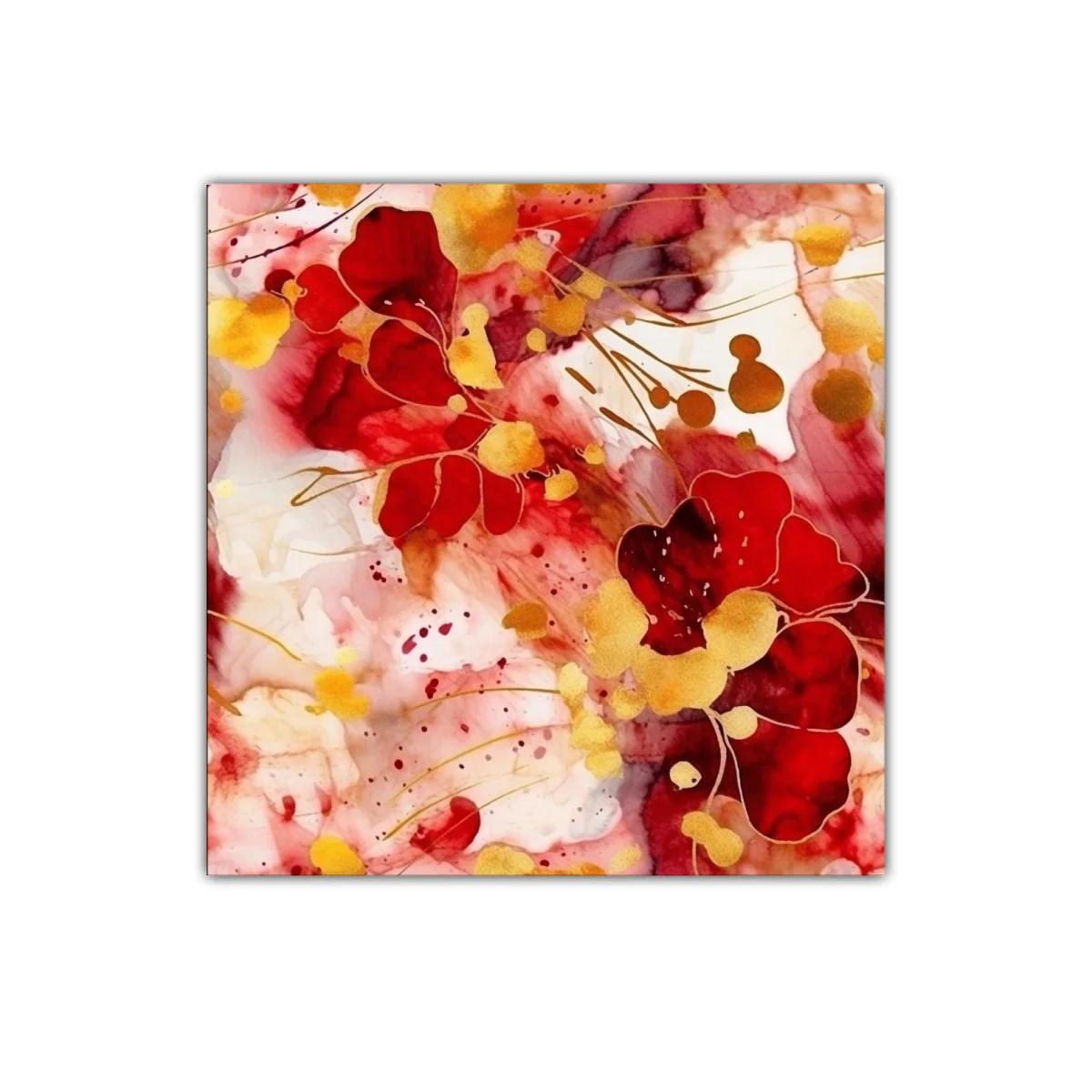 Cuadro decorativo con flores rojas y detalles dorados vibrantes