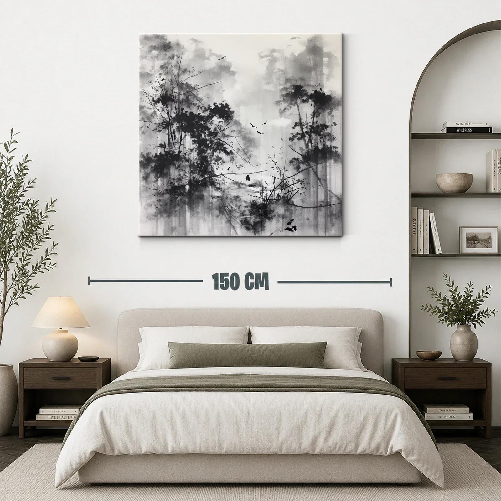 Bosque brumoso con aves en tonos grises y negros — miniatura 3