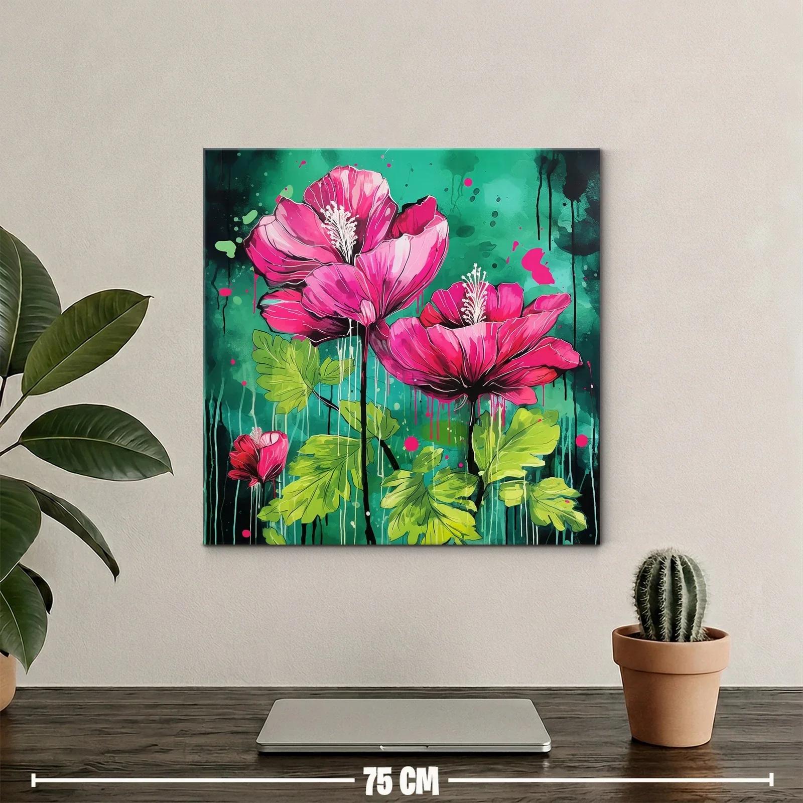 Cuadro vibrante con flores fucsias sobre fondo verde intenso — miniatura 2
