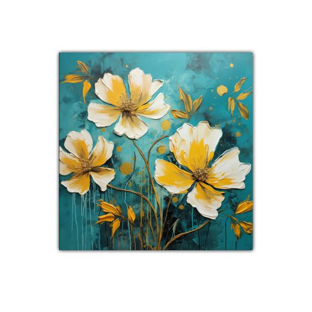 Cuadro floral moderno en tonos cálidos y fondo azul profundo