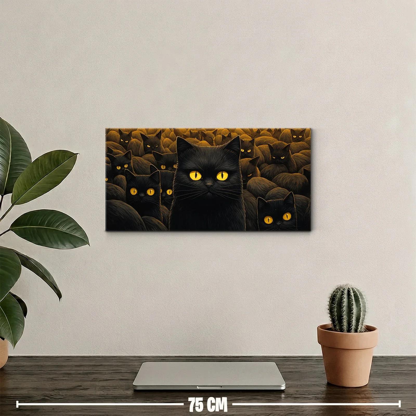 Cuadro gato negro de ojos amarillos entre muchos felinos — miniatura 2