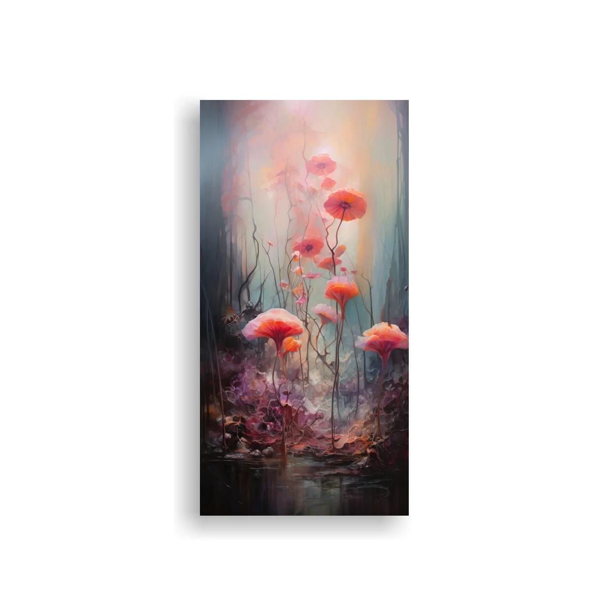 Cuadro amapolas coral en suelo oscuro y brumoso
