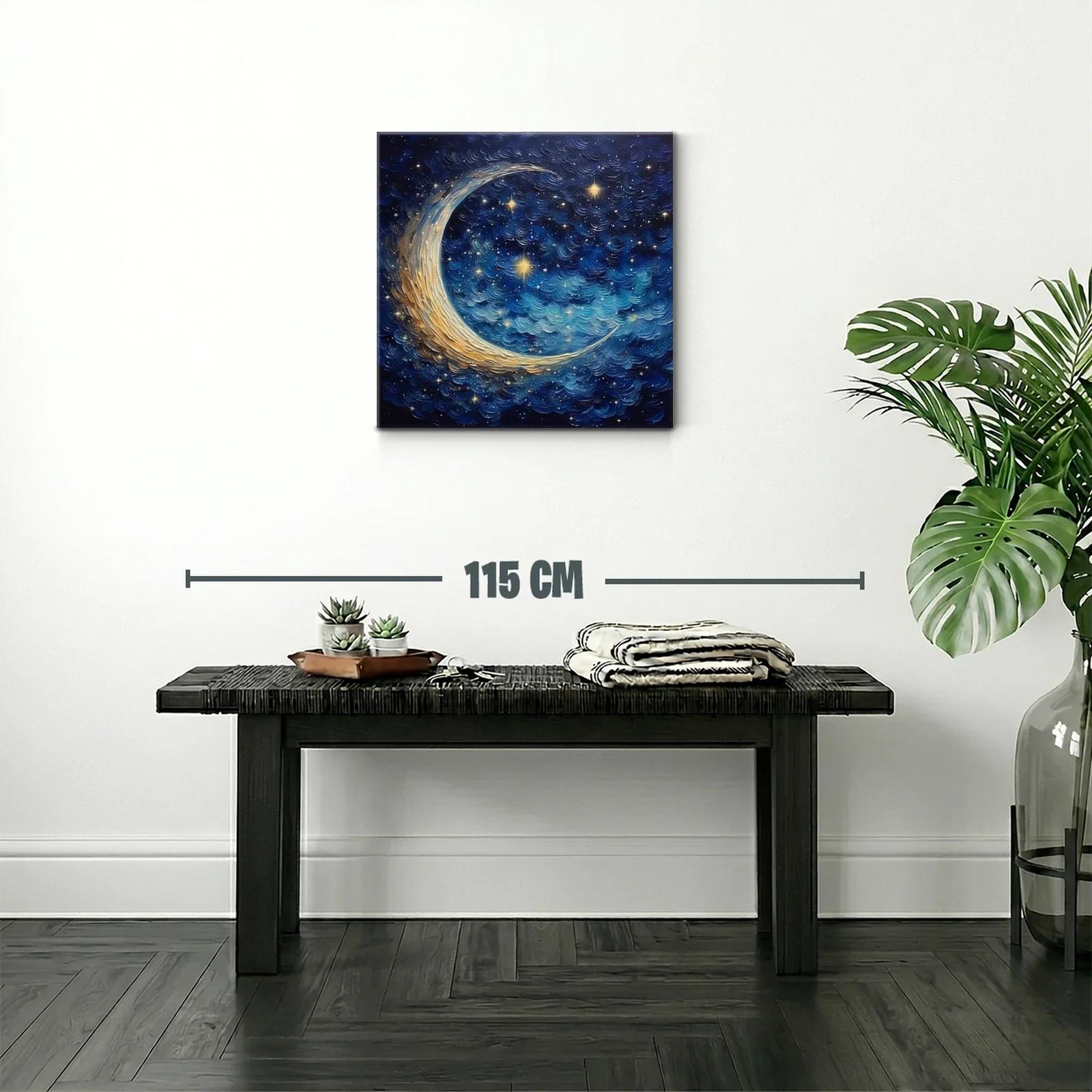 Cielo estrellado con luna creciente en tonos azul y dorado — miniatura 2