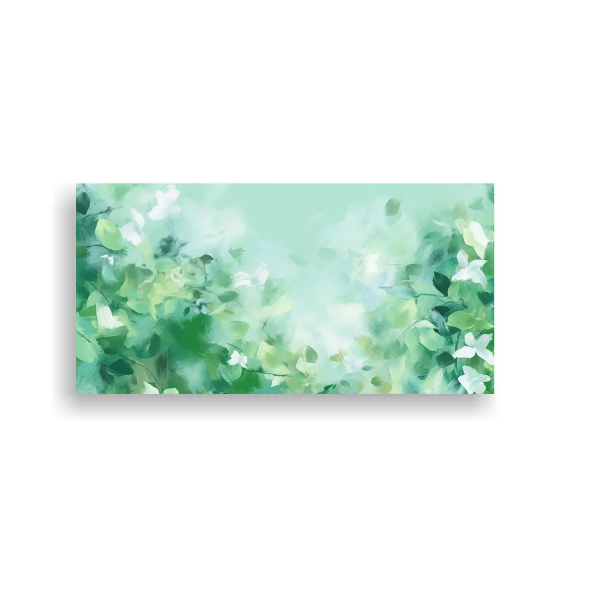 Cuadro flores blancas con follaje verde y fondo luminoso